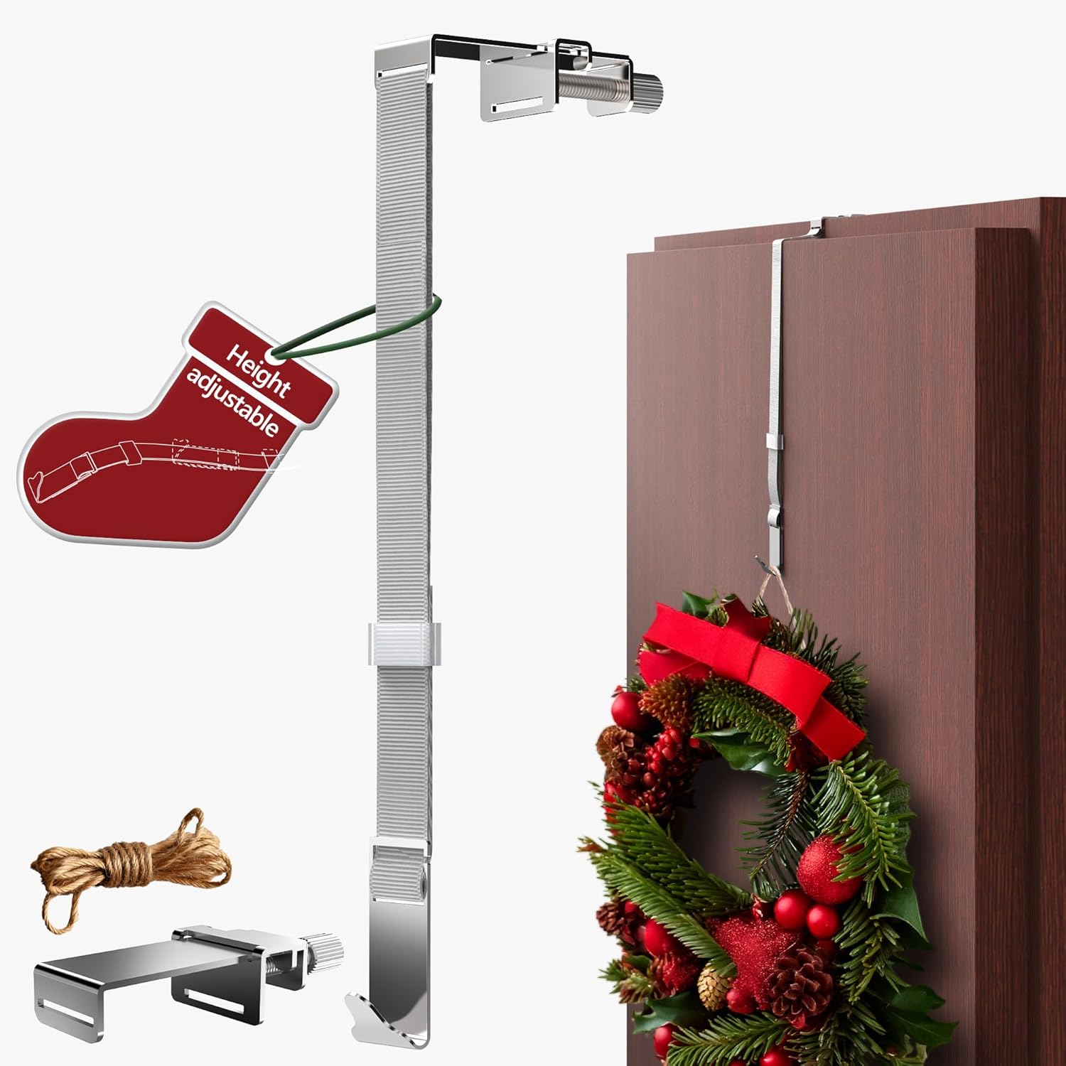 Menz Wreath Hanger for Front Door - Adaptable Wreath Holder for Front Door, Decoration Hanger, Decoration Hook for Christmas, Easter and Halloween, Christmas Swags Outdoor Holder, Stainless Steel