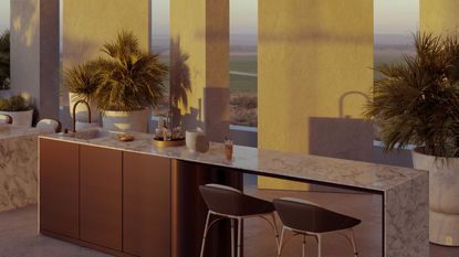 Yellow panels, outdoor kitchen