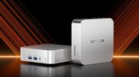 A composite image showing th Geekom A7 mini PC sitting flat and on its side against a black and orange background.