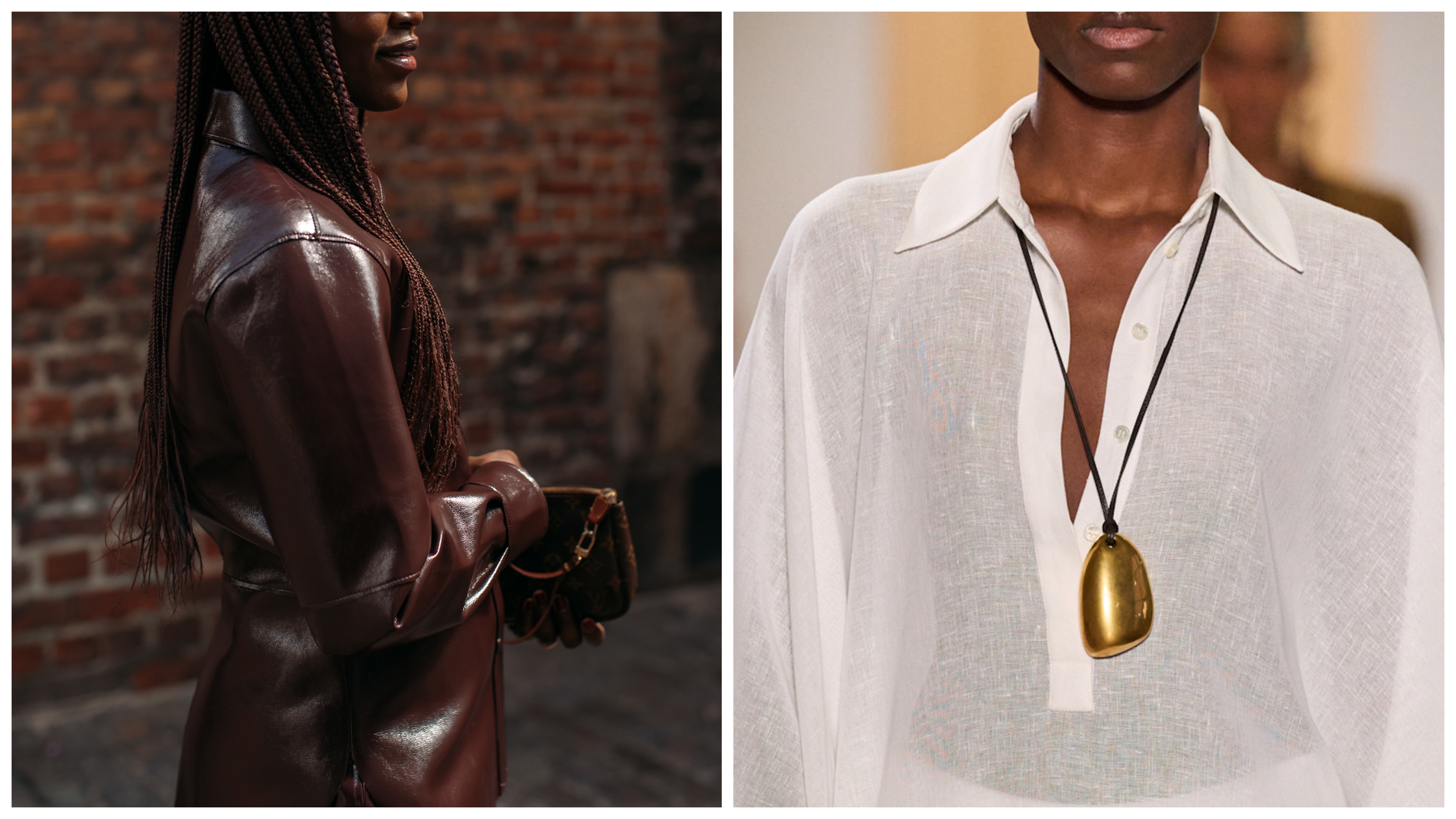 woman wearing brown leather jacket; woman wearing a cord necklace