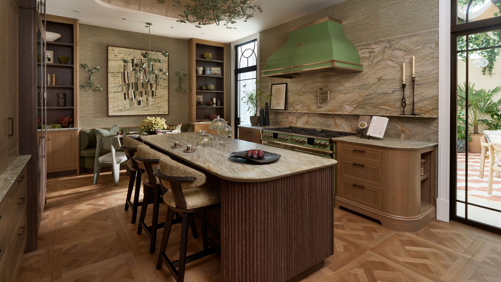 A wooden kitchen with marble countertops