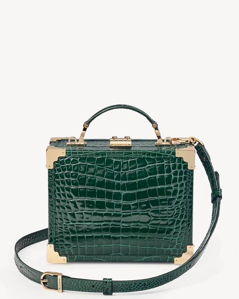 green printed leather trunk bag aspinal of london