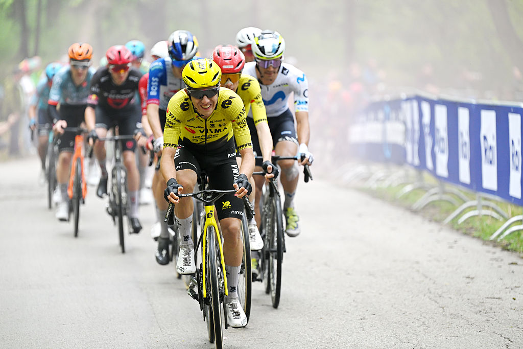 VELIKO TARNOVO, BULGARIA - MAY 09: Davide Piganzoli of Italy and Team Visma | Lease a Bike competes during the 109th Giro d&amp;apos;Italia 2026, Stage 2 a 221km stage from Burgas to Veliko Tarnovo / #UCIWT / on May 09, 2026 in Veliko Tarnovo, Bulgaria. (Photo by Tim de Waele/Getty Images)