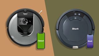 An iRobot Roomba i7 on a beige background next to a smartphone on the left with the Shark ION R75 robot vacuum with a smartphone on the right-hand side