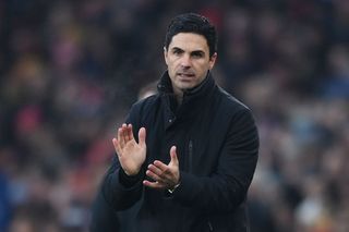 Arsenal manager Mikel Arteta reacts during the Premier League match between Arsenal FC and Wolverhampton Wanderers at Emirates Stadium on December 02, 2023 in London, England. (Photo by Justin Setterfield/Getty Images)