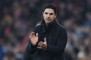 Mikel Arteta, Manager of Arsenal, reacts during the Premier League match between Arsenal FC and Wolverhampton Wanderers at Emirates Stadium on December 02, 2023 in London, England. (Photo by Justin Setterfield/Getty Images)