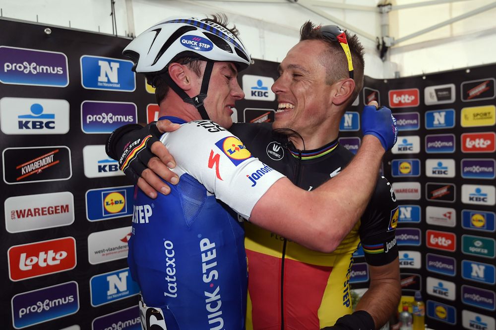 Yves Lampaert and Philippe Gilbert celebrate Lampart's win at Dwars door Vlaanderen