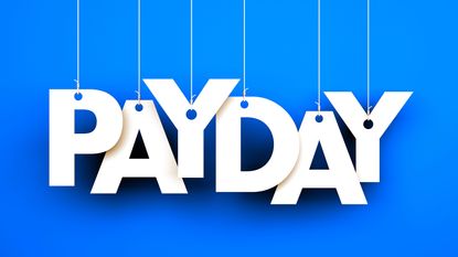 white letters spelling out PAYDAY hanging from strings with blue background