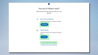 A screenshot showing the PayPal setup process. This screen shows the Get Started and Send Money options