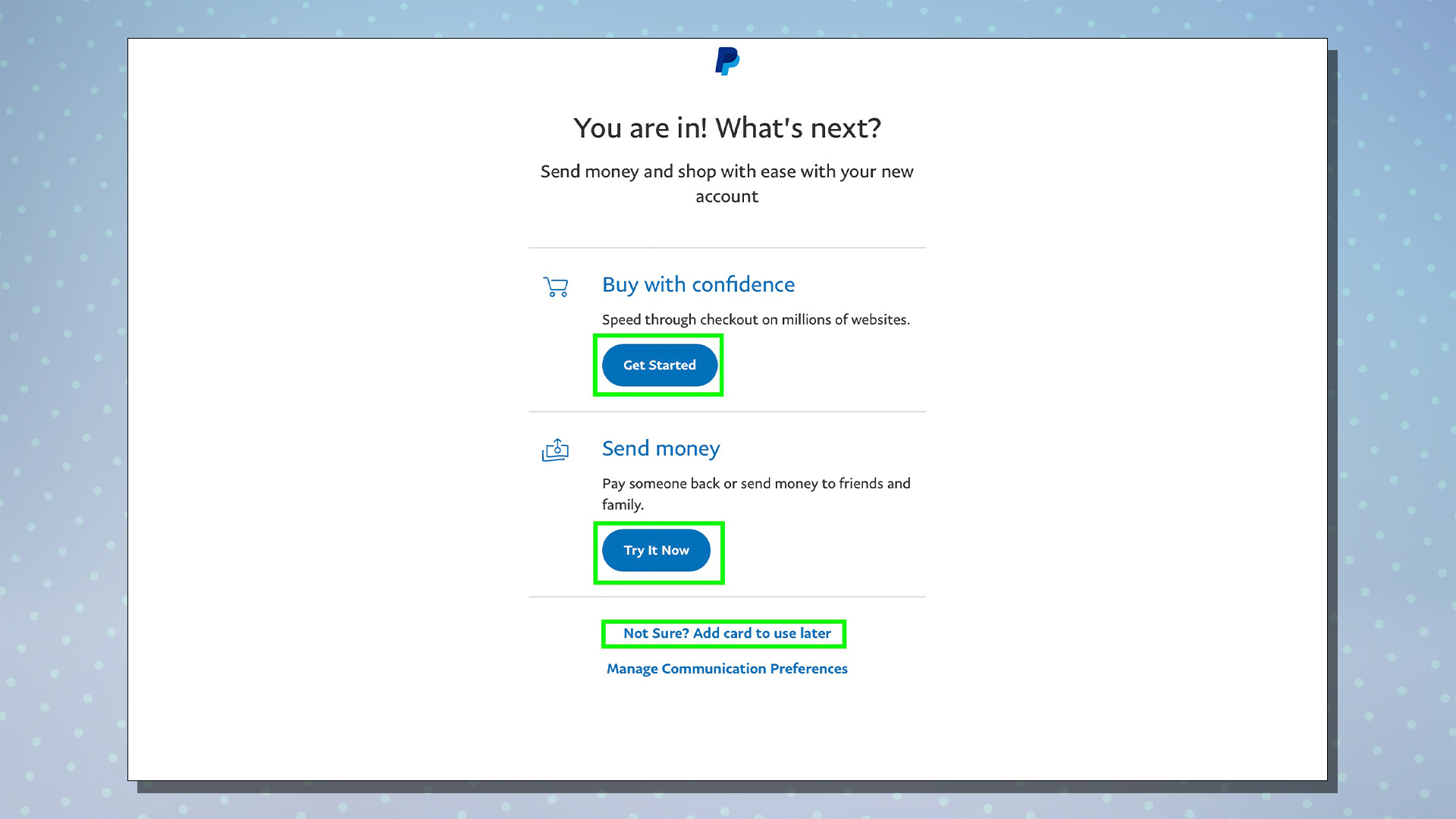 Скриншот, показывающий процесс настройки PayPal.  На этом экране показаны параметры «Начать» и «Отправить деньги».