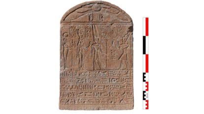 Photos from an archaeological dig, showing a brown stone tablet with hieroglyphics written on it, a group of people standing around the tablet, and a shot of the ruins of an ancient city