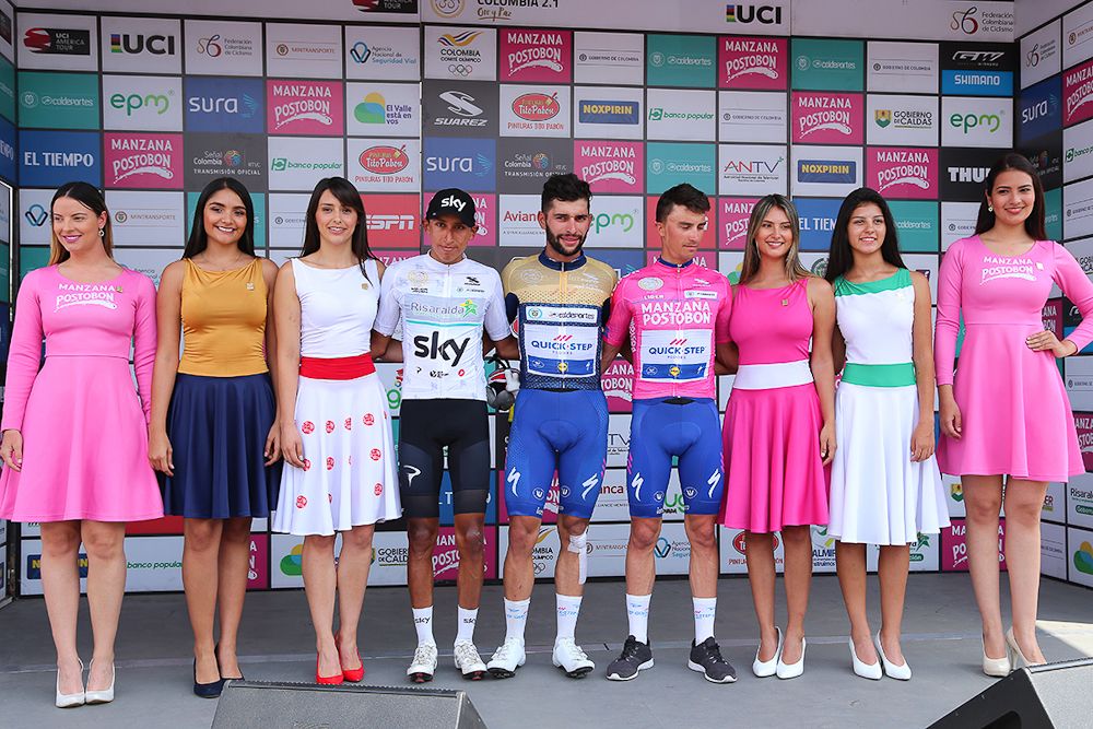 Egan Arley Bernal (Team Sky), Fernando Gaviria (Quick-Step Floors) and new race leader Julian Alaphilippe on the stage 4 podium at Colombia Oro y Paz