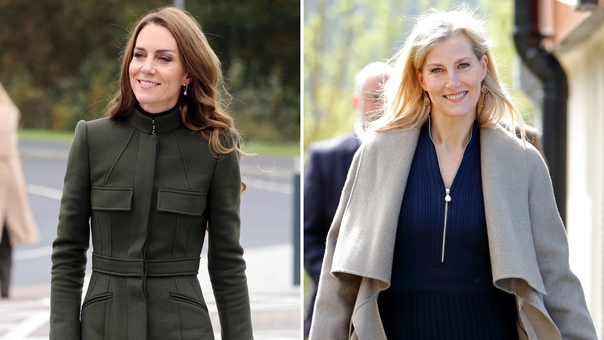 A composite of a picture of the Princess of Wales wearing knee high boots and a long coat and a picture of Duchess Sophie wearing knee high boots and a long coat