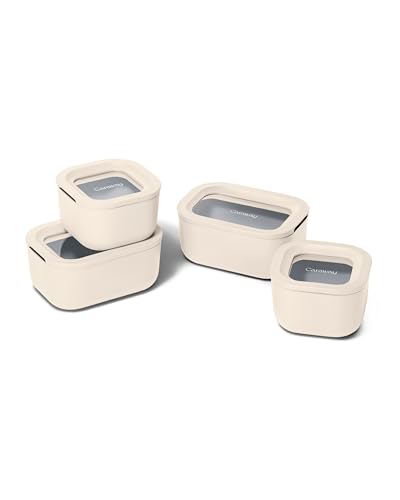 Caraway Mini Food Storage 9pc Set - Glass Storage Containers for Food - Non-Toxic Ceramic-Coated Glass - Air Release Technology - Compact &amp;amp; Stackable Design - Cream