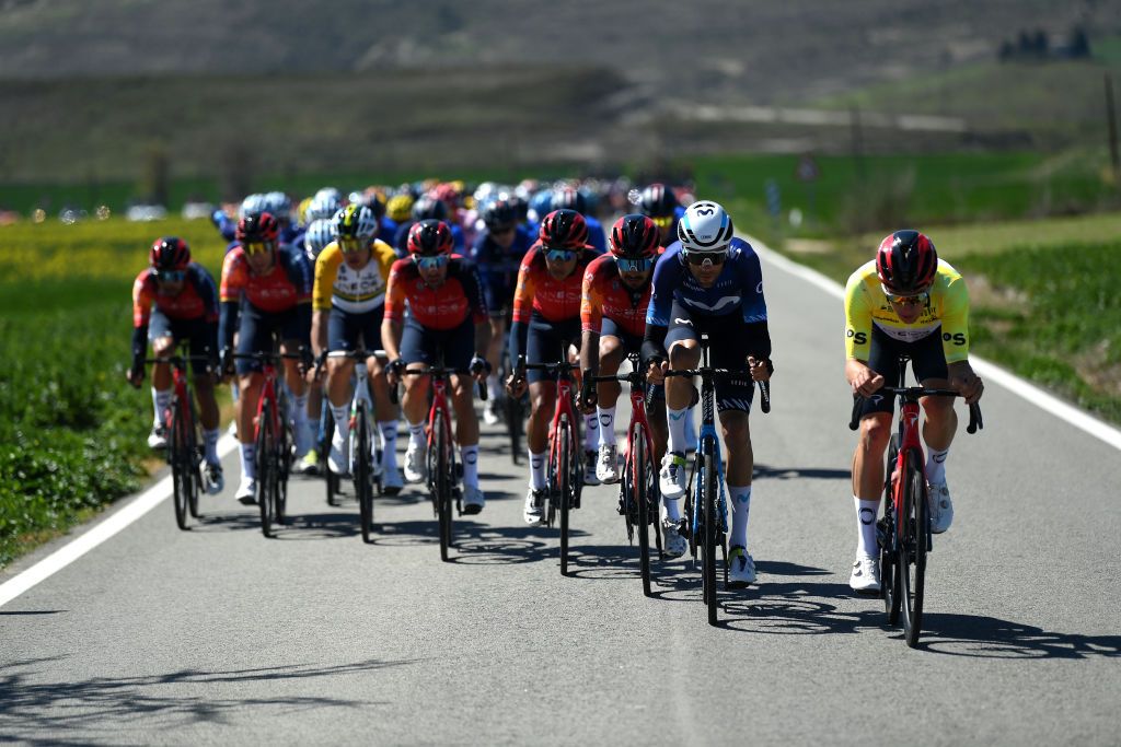 LEITZA SPAIN APRIL 04 Brandon Rivera of Colombia and Team INEOS Grenadiers Jorge Arcas of Spain and Movistar Team and Ethan Hayter of United Kingdom and Team INEOS Grenadiers Yellow Leader Jersey lead the peloton during the 62nd Itzulia Basque Country 2023 Stage 2 a 1938km stage from Viana to Leitza UCIWT on April 04 2023 in Leitza Spain Photo by David RamosGetty Images