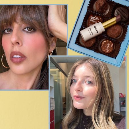 two girls wearing brown lipstick on a yellow background next to brown lipstick on chocolates