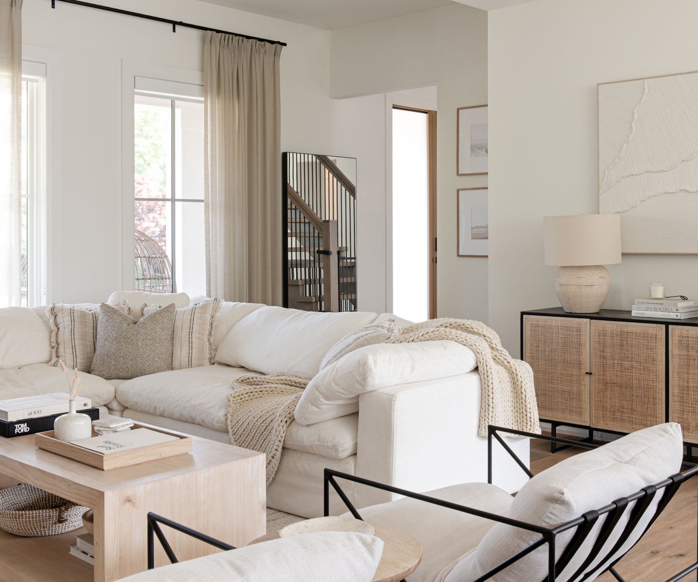 Neutral living room layered with texture and natural materials
