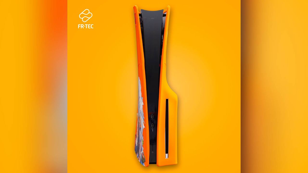 Official marketing image of the FRTEC Dragon Ball Z Silicone Cover For PS5 Disc Slim Edition Console.