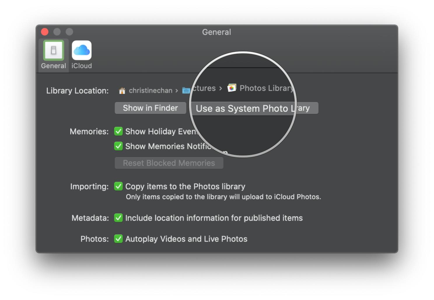 How to use iCloud Photo Library on macOS Catalina by showing steps: Click Use as System Photo Library if you are unable to turn on iCloud Photos