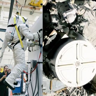 Shawna Pandya works on a mock International Space Station panel as part of a series of tests with an EVA spacesuit from Final Frontier design (left). An image of astronauts working on the space station (right).