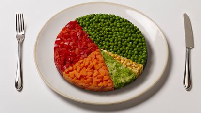 A pie chart on a plate consisting of wedges of peas, corn, carrots, cabbage and red peppers.