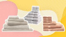 pink and yellow graphic with images of some of the best bath towels on it - including beige towels, grey towels and pink towels all stacked