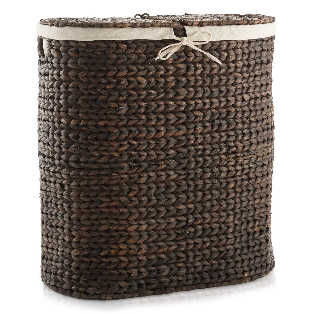 Casafield Oval Laundry Hamper With Lids and Removable Liner Bags, Woven Water Hyacinth 2-Section Laundry Basket for Clothes and Towels