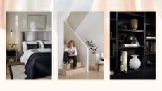 compilation image of three interior images showing Kelly Hoppen and the new Kelly Hoppen Marks and Spencer home design collaboration