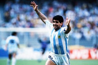 Diego Maradona celebrates Claudio Caniggia's goal for Argentina against Brazil at the 1990 World Cup.