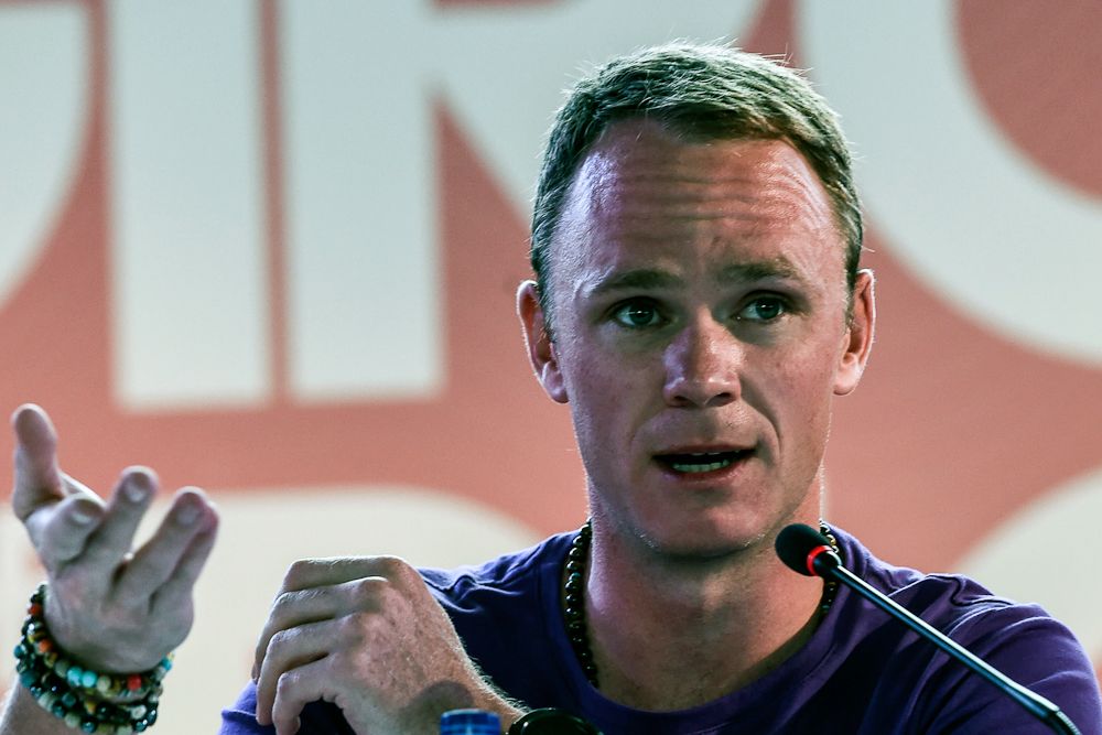 Chris Froome talks at a press conference ahead of the Giro de Rigo