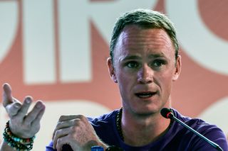 Chris Froome talks at a press conference ahead of the Giro de Rigo