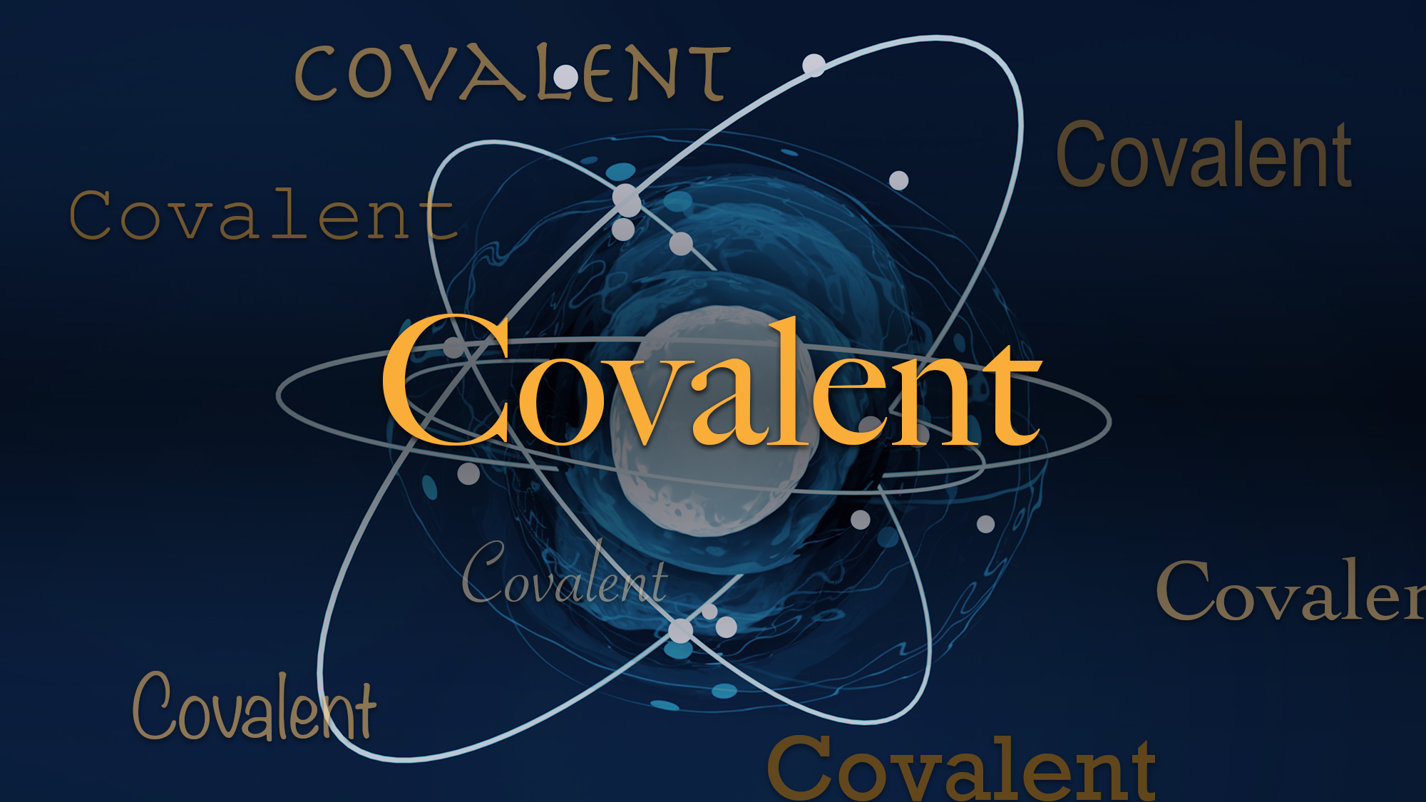 The word covalent centered in yellow against a dark blue background with white oval features.