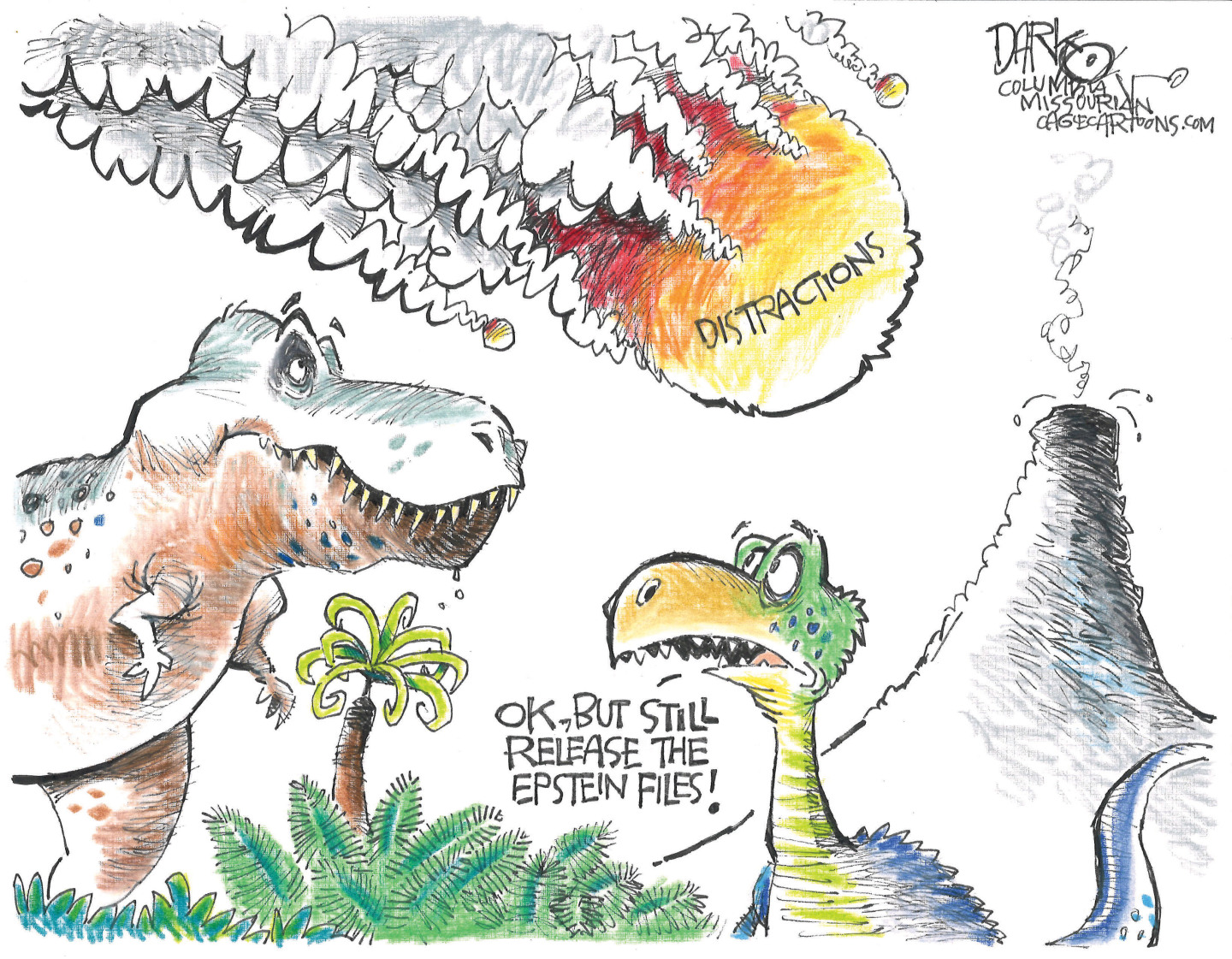 In this cartoon, two dinosaurs watch a giant comet labelled “Distractions” about to crash into a mountain. One dinosaur says, “OK, but still release the Epstein files!”