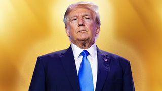 Donald Trump against a gold background 