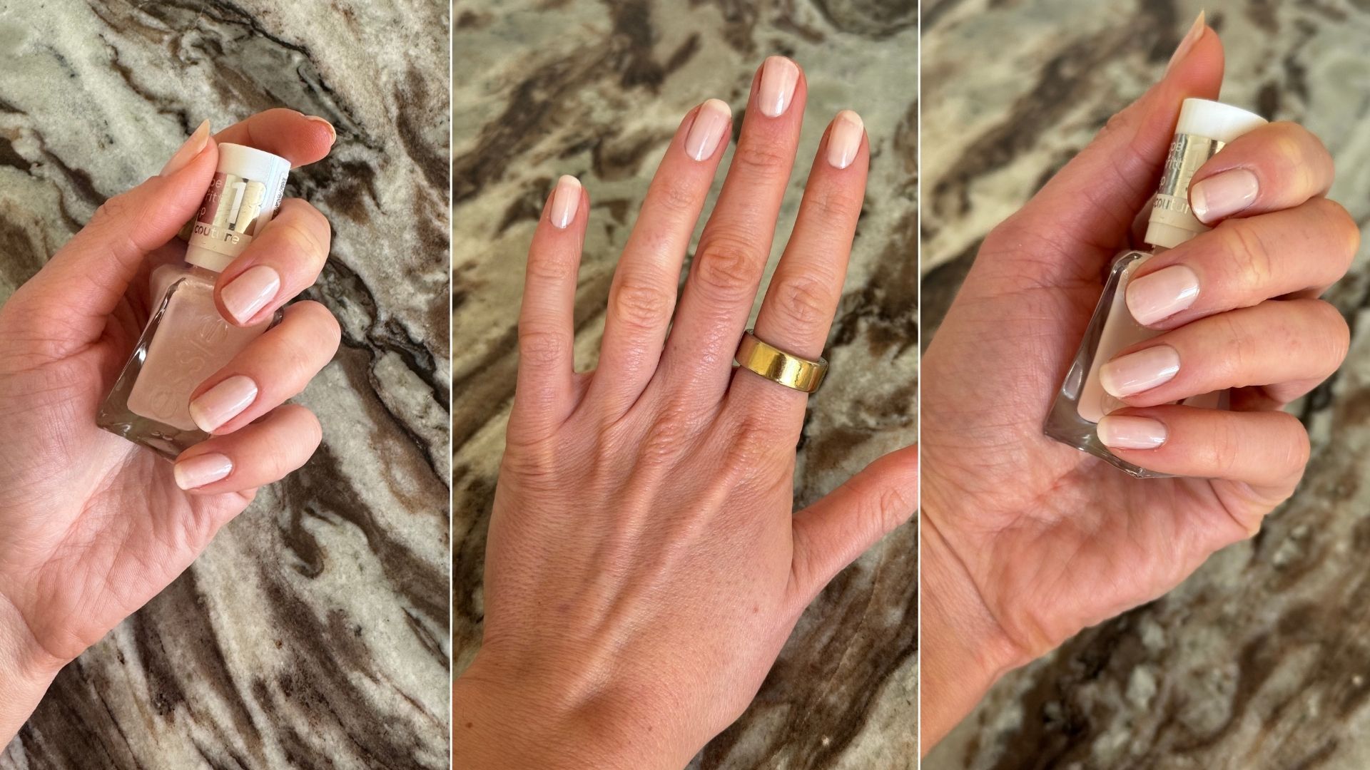 Three photos of Eleanor's nails painted with Essie Fairy Tailor nail polish