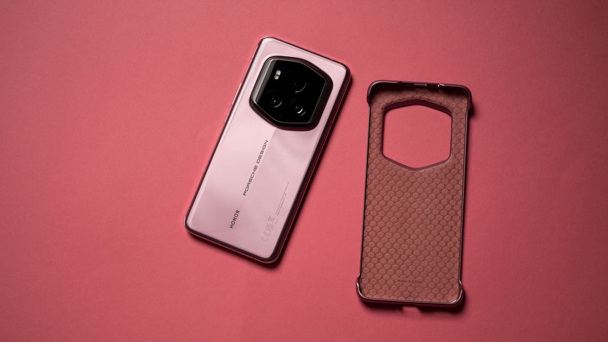 Back view of Porsche Design Honor Magic 6 RSR with case next to phone