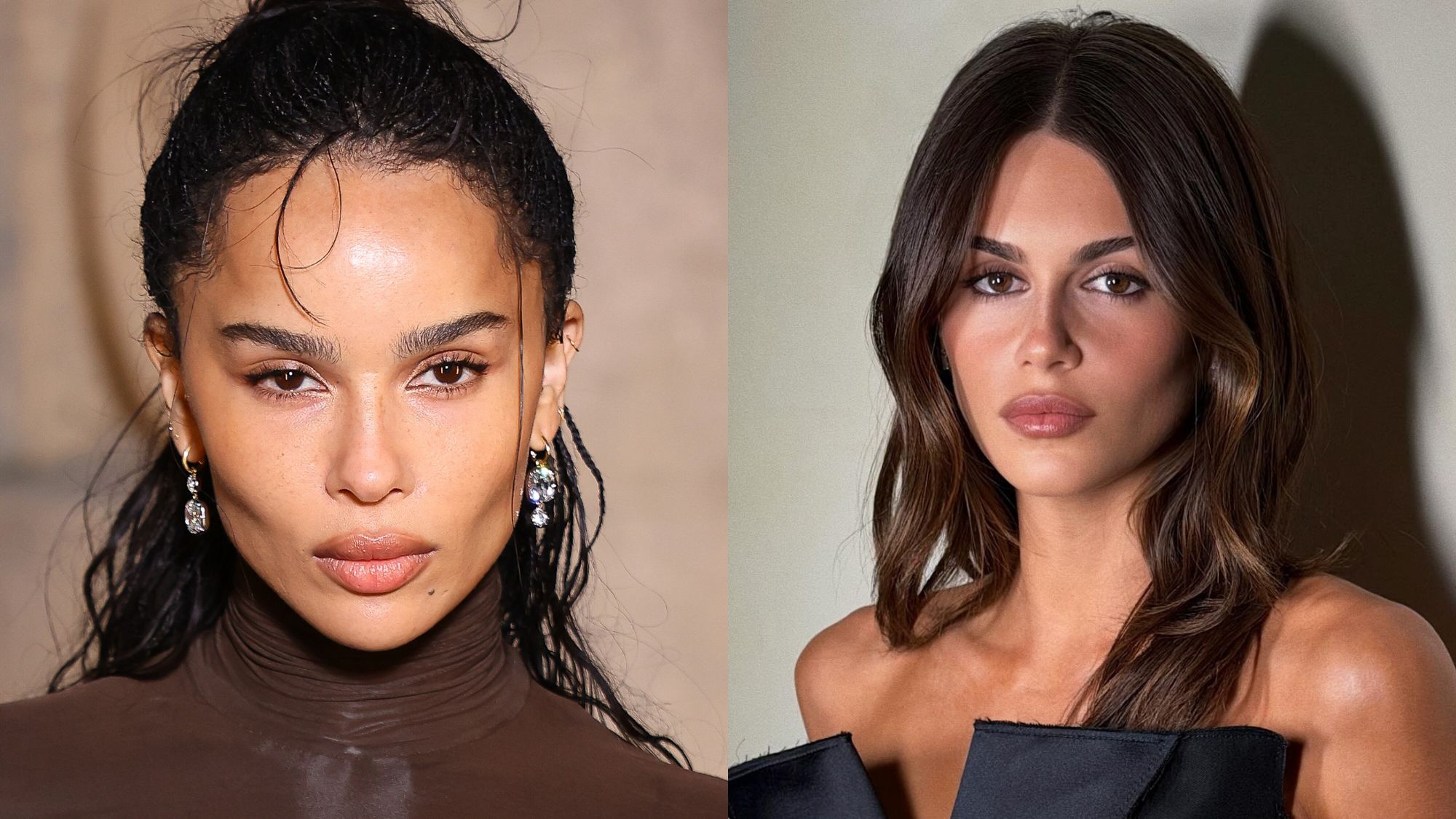 Zoe Kravitz attends the Saint Laurent Womenswear Fall/Winter 2026-2027 show as part of Paris Fashion Week on March 03, 2026 in Paris, France; An image of Kaia Gerber with makeup by celebrity makeup artist Nina Park.