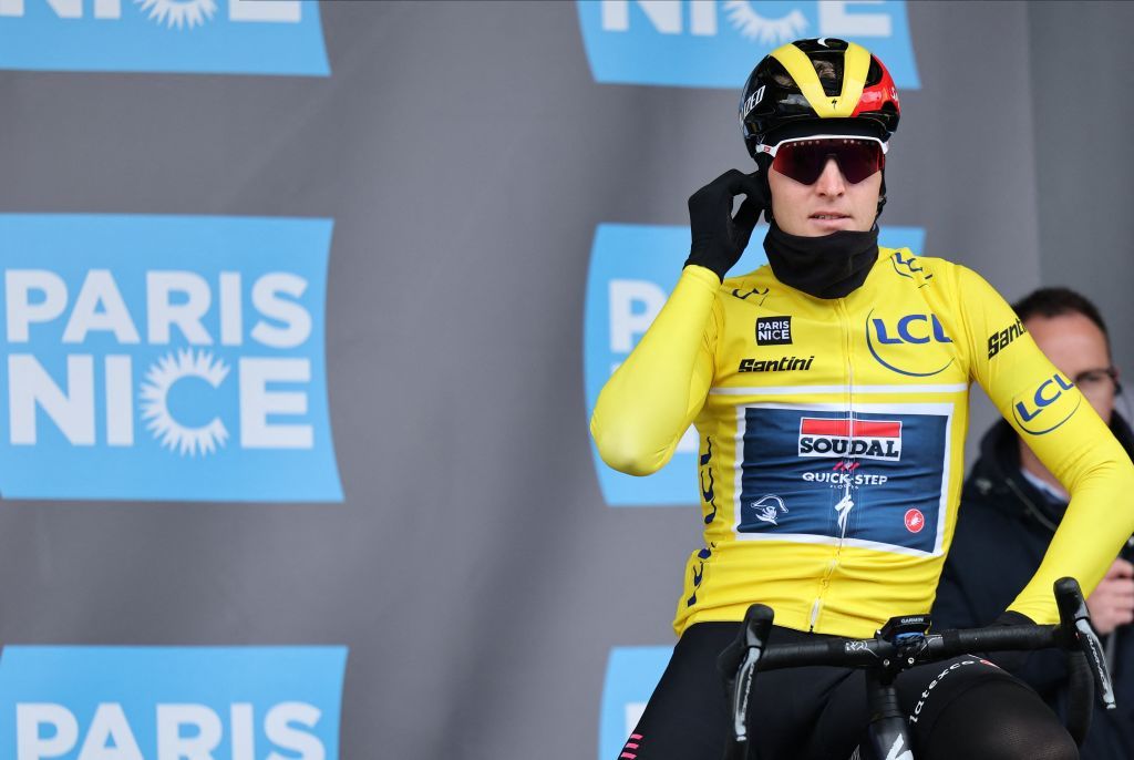 Belgian Tim Merlier of Soudal QuickStep wearing the yellow leaders jersey pictured during the team presentation ahead of the second stage of the 81st edition of the ParisNice eight days cycling race from Bazainville to Fontainebleau 1637 km in France Monday 06 March 2023BELGA PHOTO DAVID PINTENS Photo by DAVID PINTENS BELGA MAG Belga via AFP Photo by DAVID PINTENSBELGA MAGAFP via Getty Images