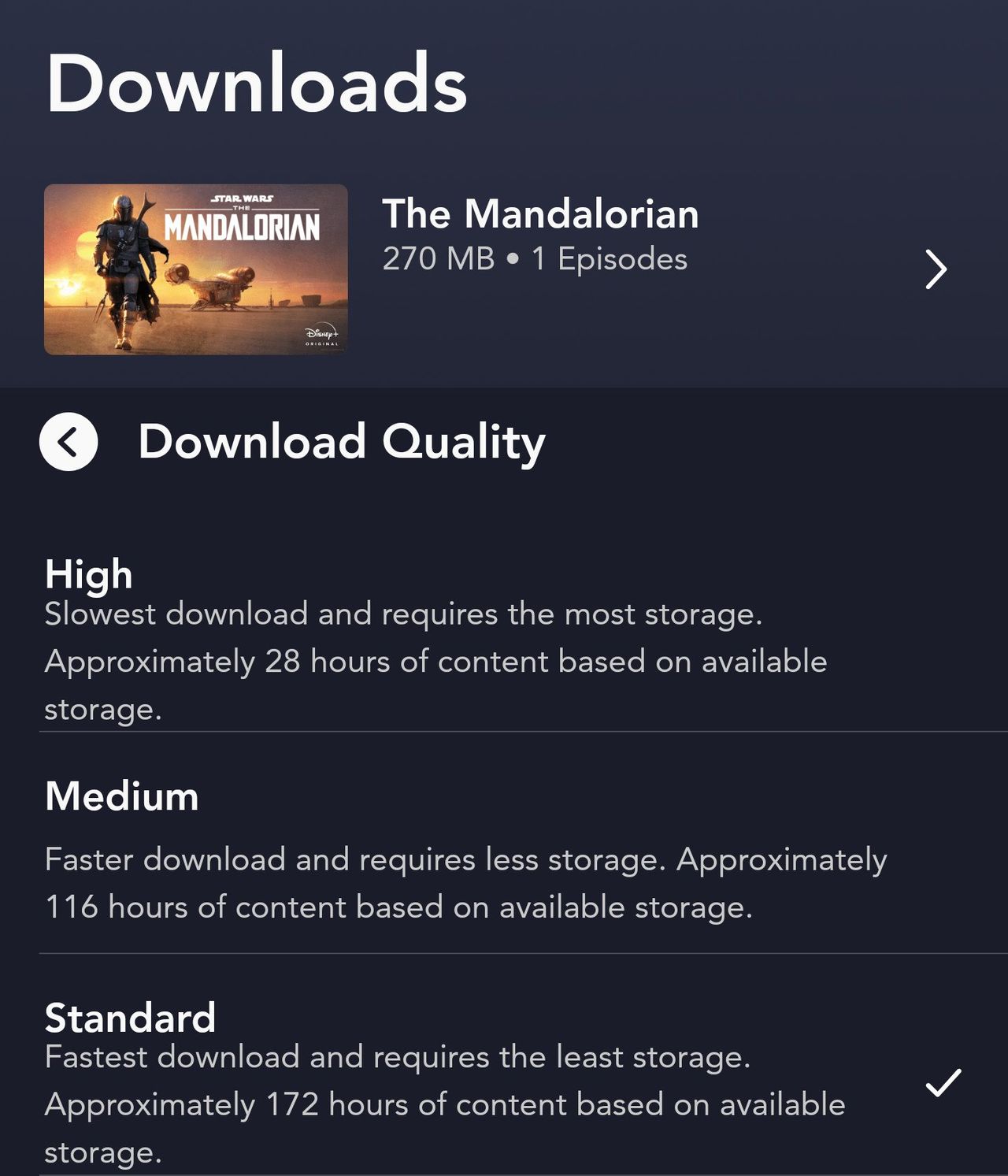 Disney+ standard download example