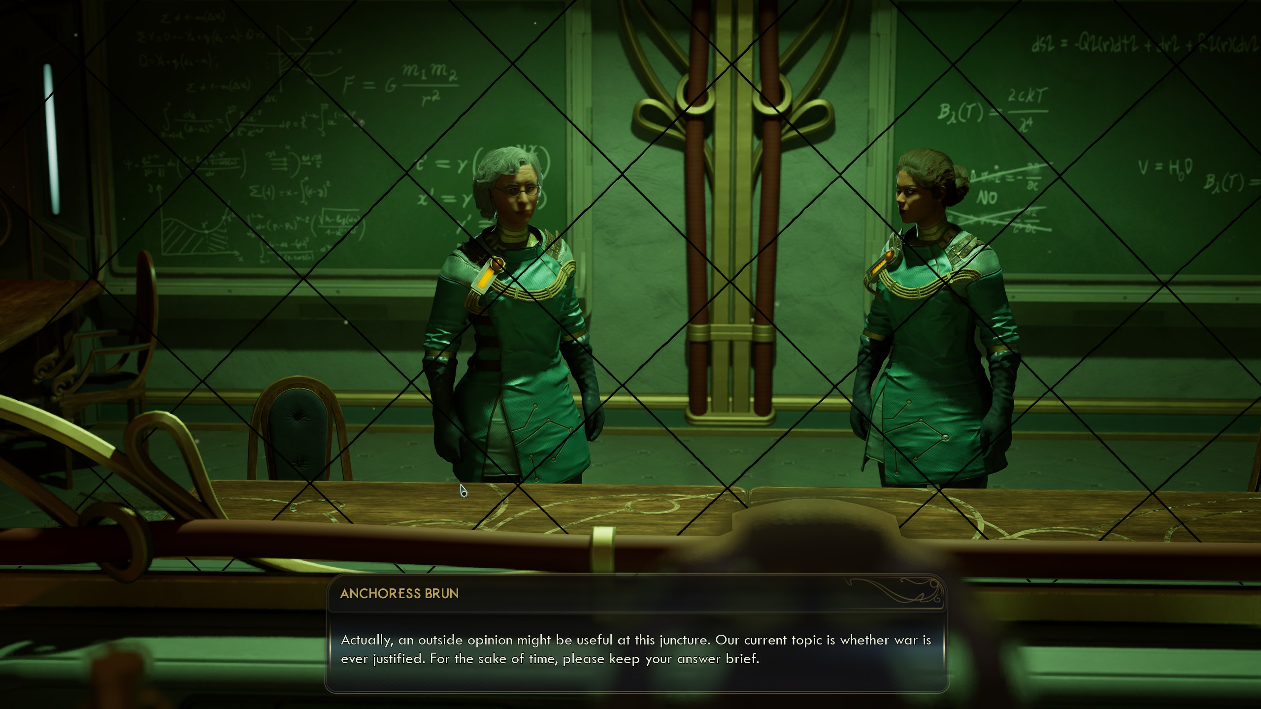 Two women behind glass asking whether war is ever ethically justifiable in The Outer Worlds 2