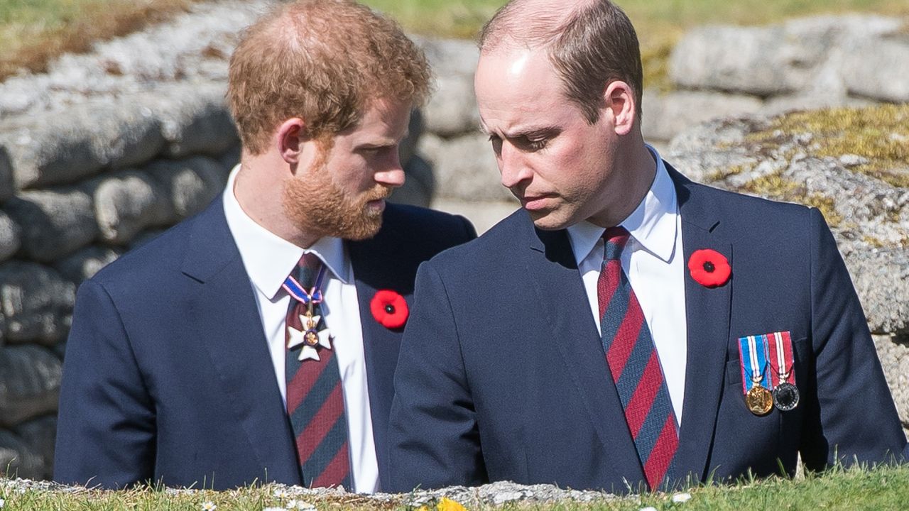 Prince William, Duke of Cambridge and Prince Harry walk through a trench during the commemorations for the 100th anniversary of the battle of Vimy Ridge on April 9, 2017 in Lille, France.