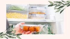 picture of woman putting something in her full fridge