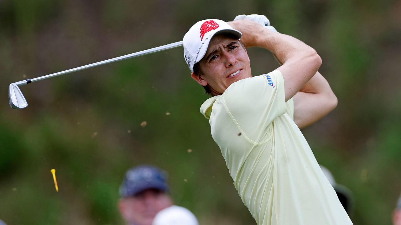 LIV Golf&#039;s Carlos Ortiz of Mexico hits a tee shot at the 7th hole on day one of the LIV Golf Greenbrier at The Old White Course on August 04, 2023