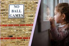 child looking out of window and split screen with no ball games sign on street wall
