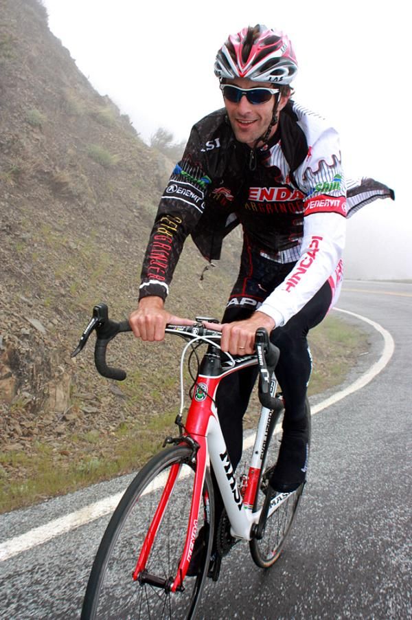 The top of Mt. Hamilton is shrouded in fog as Kilun reaches the top.