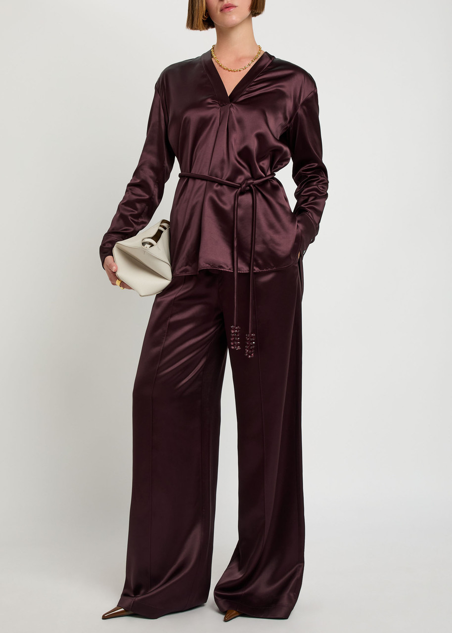 Pintuck Wide-Leg Satin Trousers