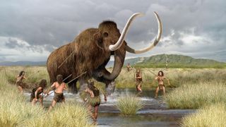 illustration of a hunting scene with seven hunters and a wooly mammoth on a marshy plain. 