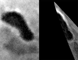 A partial view of Titan's Ontariou Lacus (right image) from 680 miles away, or 1,100 km away, shows what appears to be a beach in the lower right of the image, below the bright lake shoreline. An image was also taken of the lake feature in June 2005 (left image).