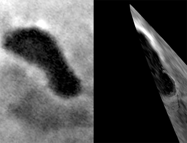 A partial view of Titan's Ontariou Lacus (right image) from 680 miles away, or 1,100 km away, shows what appears to be a beach in the lower right of the image, below the bright lake shoreline. An image was also taken of the lake feature in June 2005 (left image).