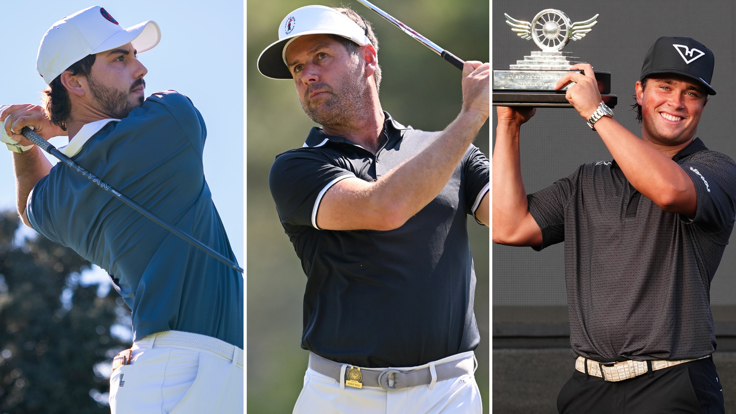 Jose Luis Ballester and Robert Rock hit golf shots, Michael La Sasso holds a trophy